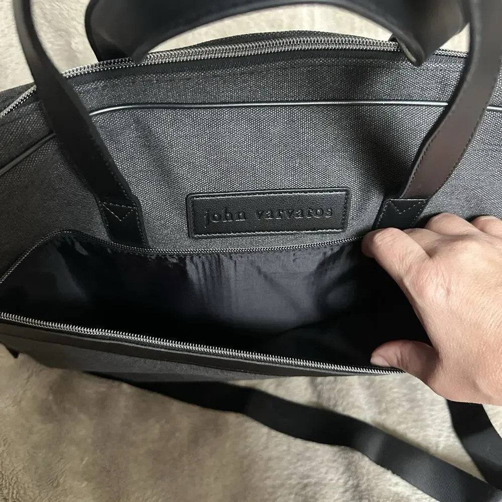 John Varvatos Weekender Laptop Messenger Bag Carryon Vinyl Travel Black Gray